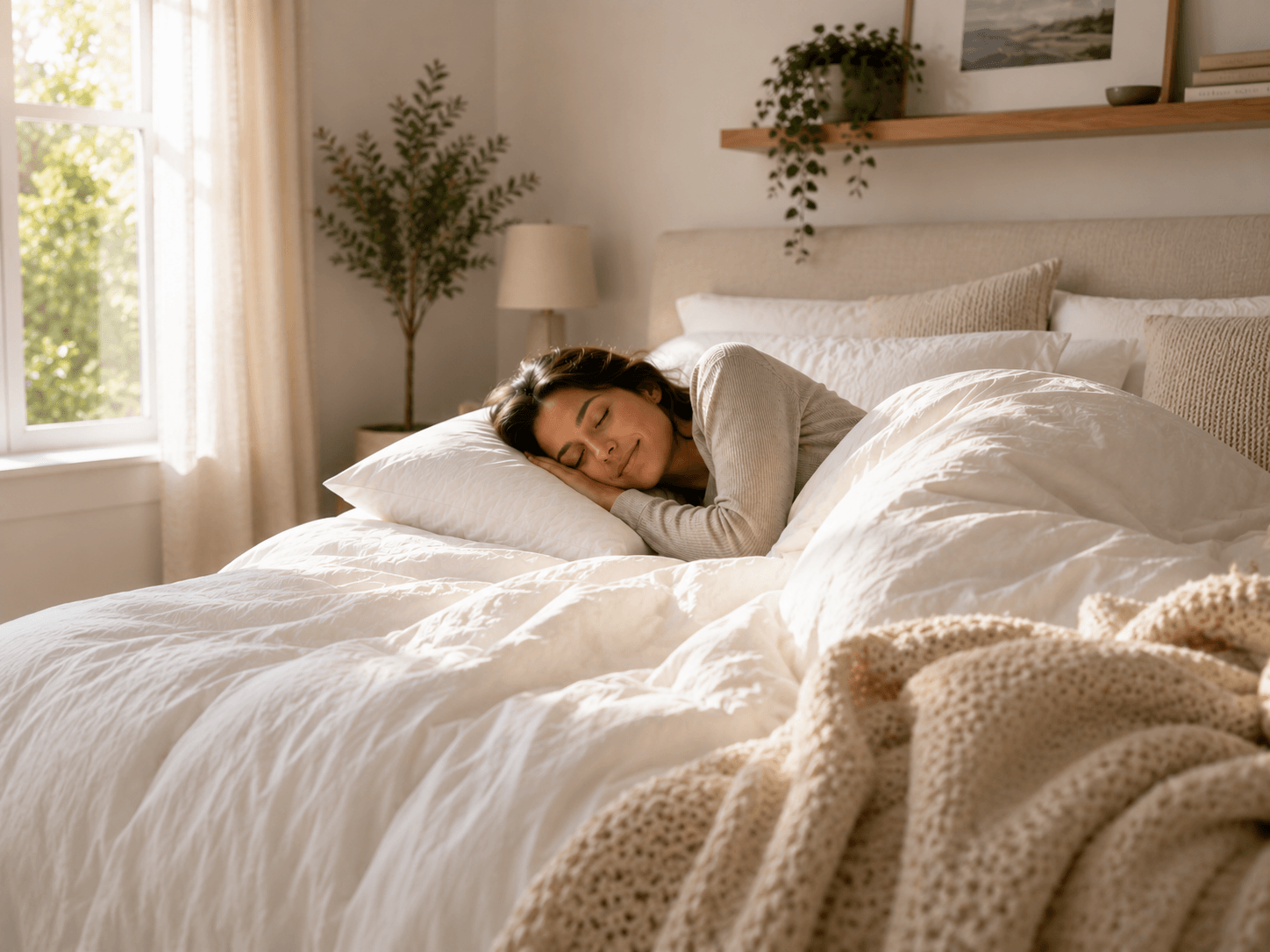 A woman is shown sleeping soundly on a bed with white bedding.