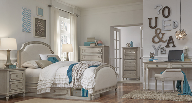 White bedroom set with pastel accents