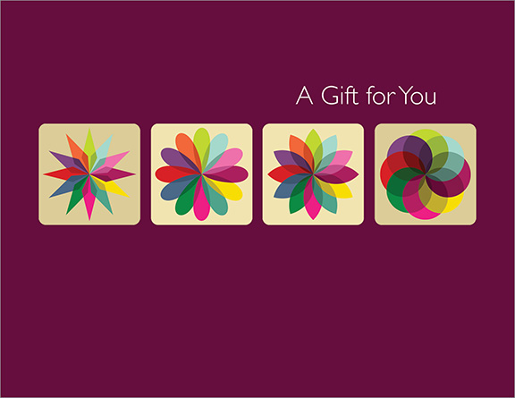 Four colorful abstract designs under the heading "A Gift For You" over a maroon background