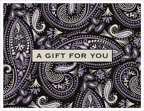 Text "A Gift For You" over purple and black paisley pattern