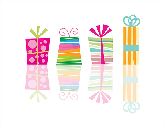 4 colorful gifts of varying sizes over white background