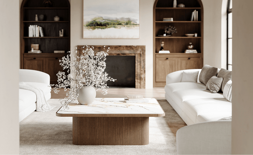 An elegant, neutral living room features white sofas, a marble 
                    coffee table with flowering branches, dark wood shelves, and a calm landscape painting, creating a serene, refined mood.