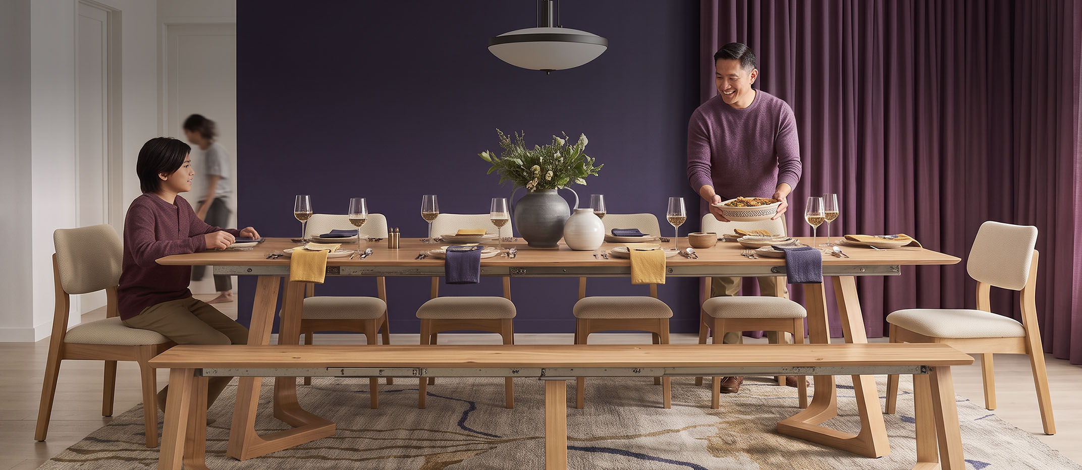 Wooden 7 Piece Sectional in dining room
