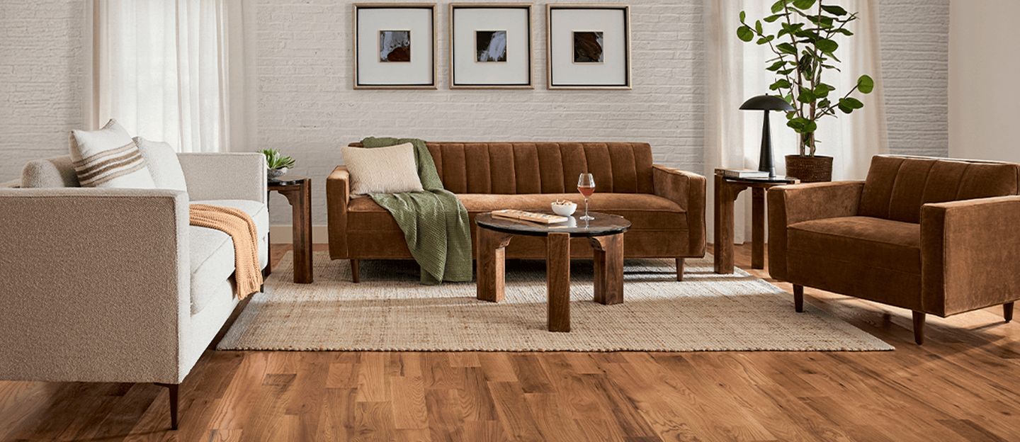 Lazy Sunday Sectional and ottoman set in a brightly lit living room.