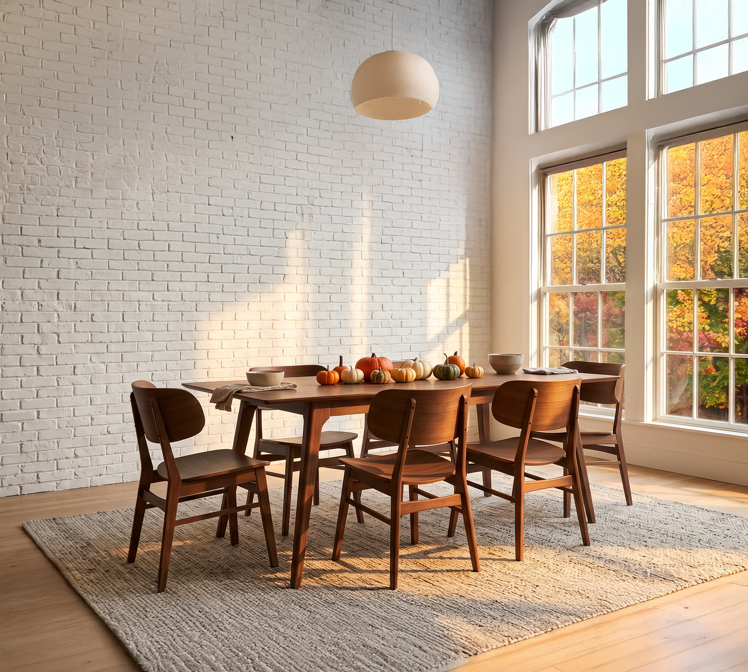 Wooden 7 piece dining set in a brightly lit dining room.