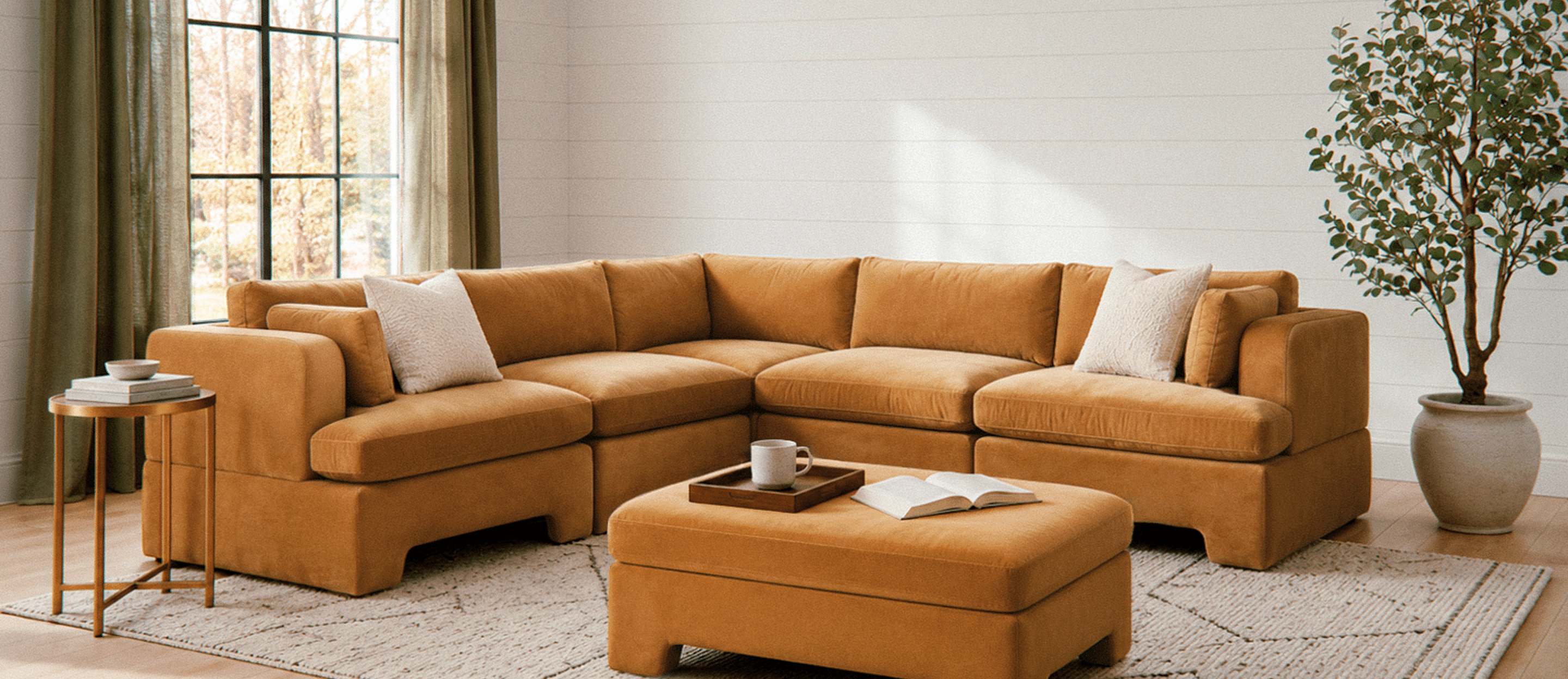 Lazy Sunday Sectional and ottoman set in a brightly lit living room.