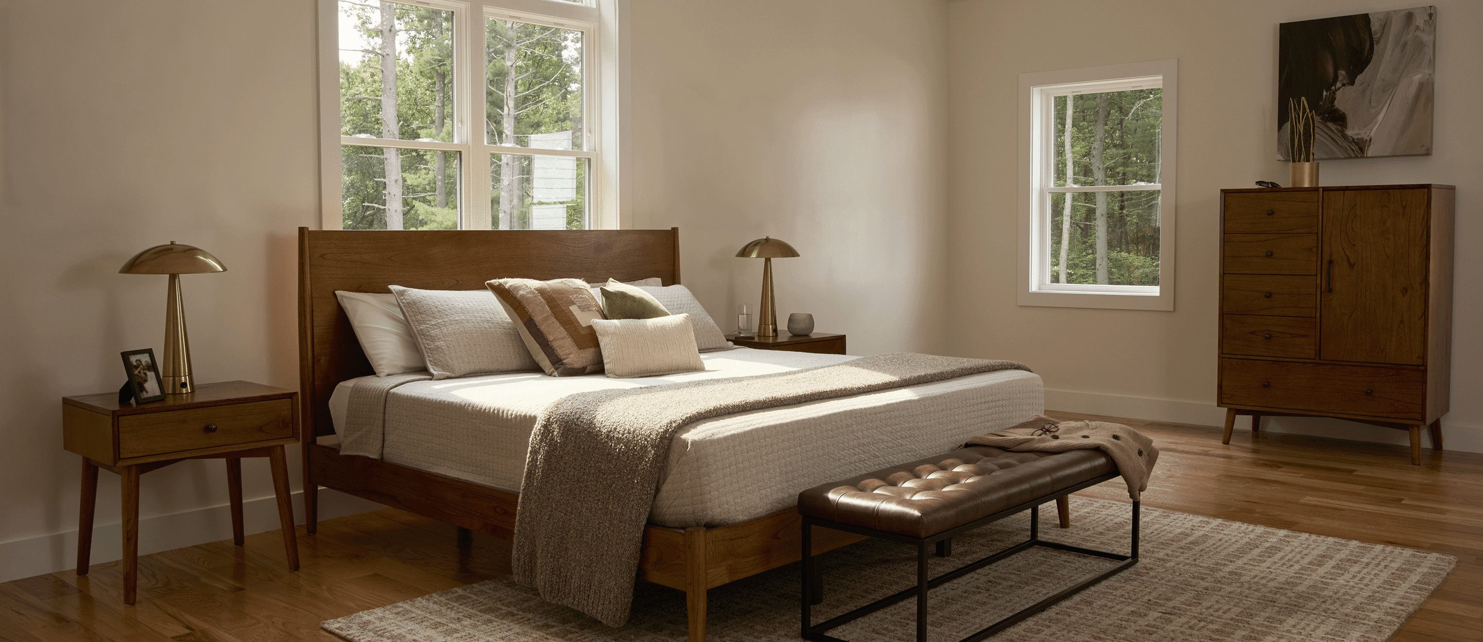 American Modern Queen Bed set in a sunlit bedroom.