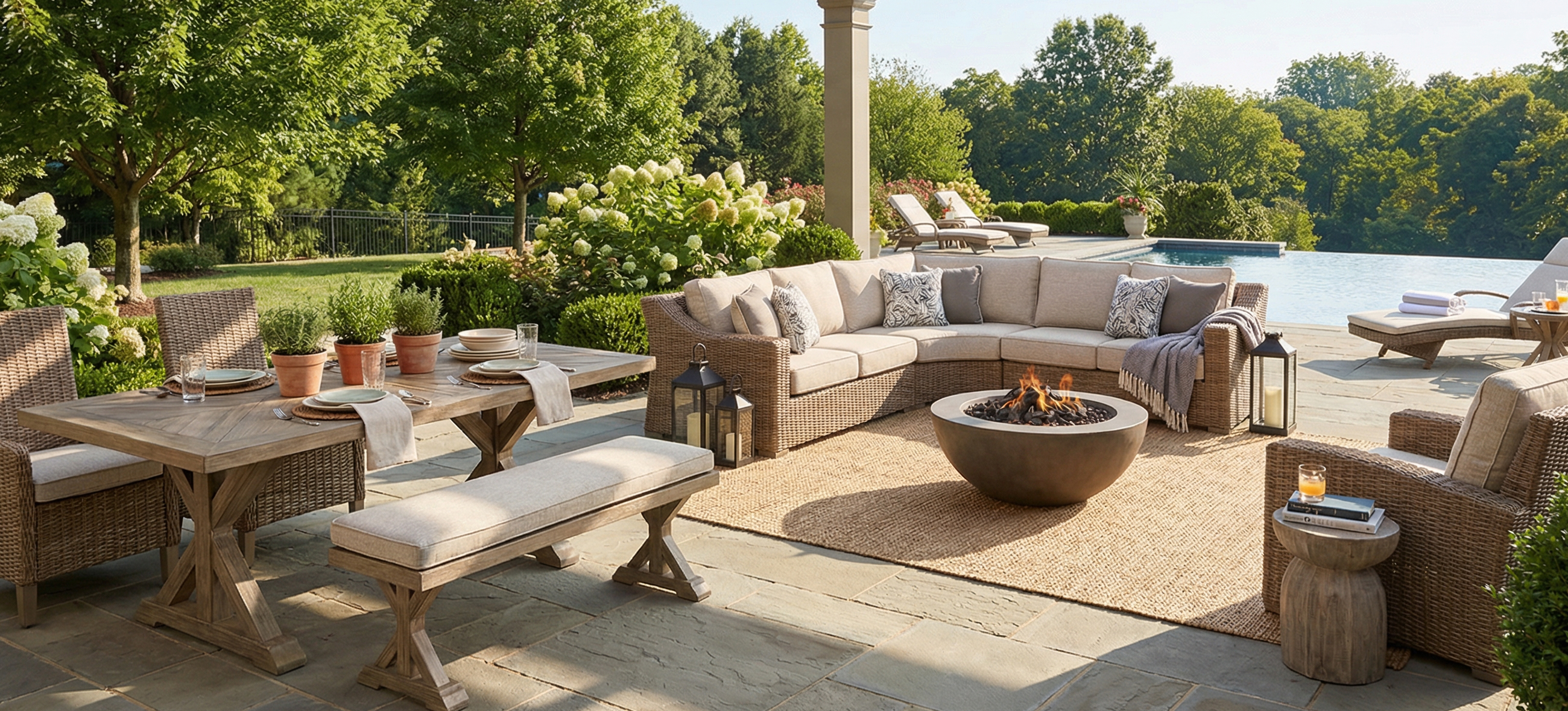Outdoor Agio Cove dining set with a marble top table and six gray cushioned chairs, overlooking a scenic coastal view.