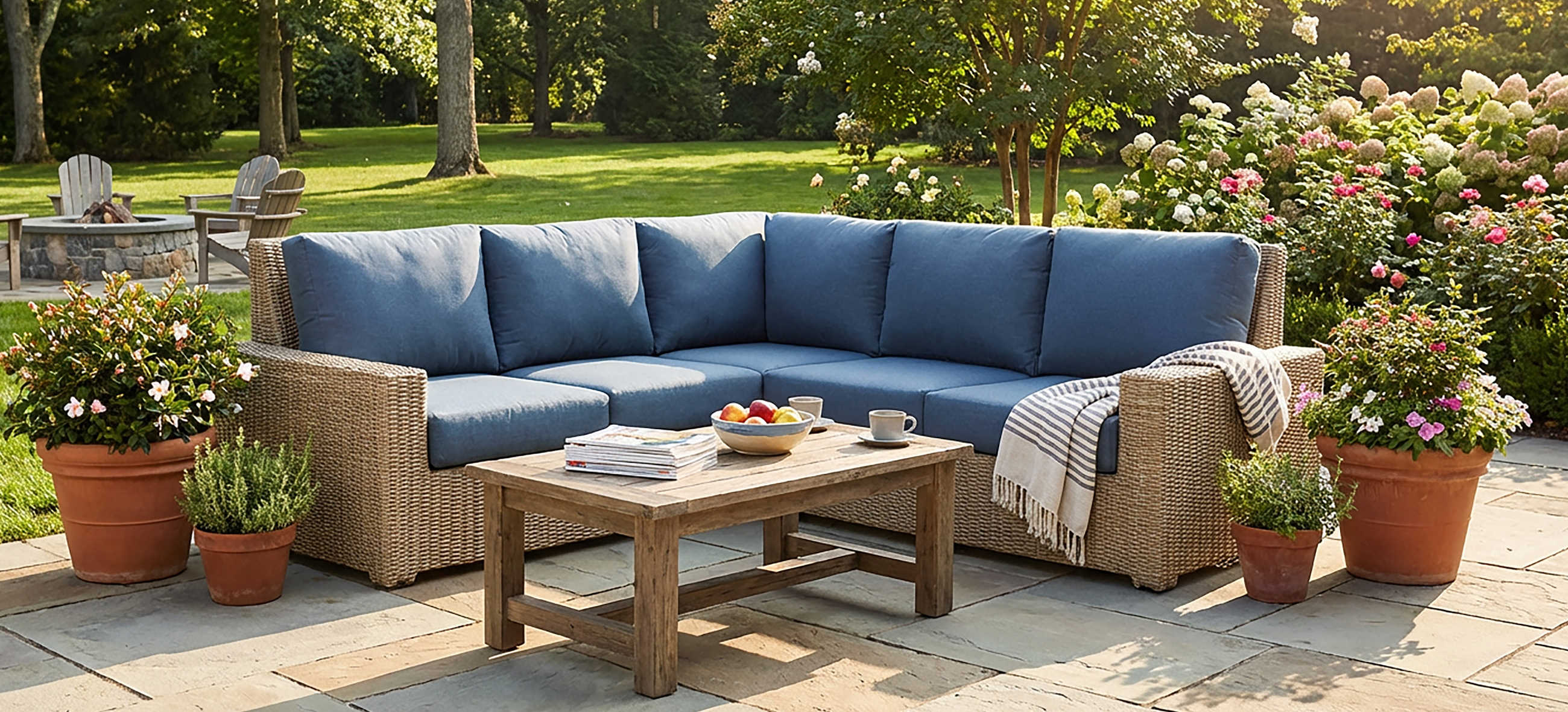 Outdoor Agio Cove dining set with a marble top table and six gray cushioned chairs, overlooking a scenic coastal view.