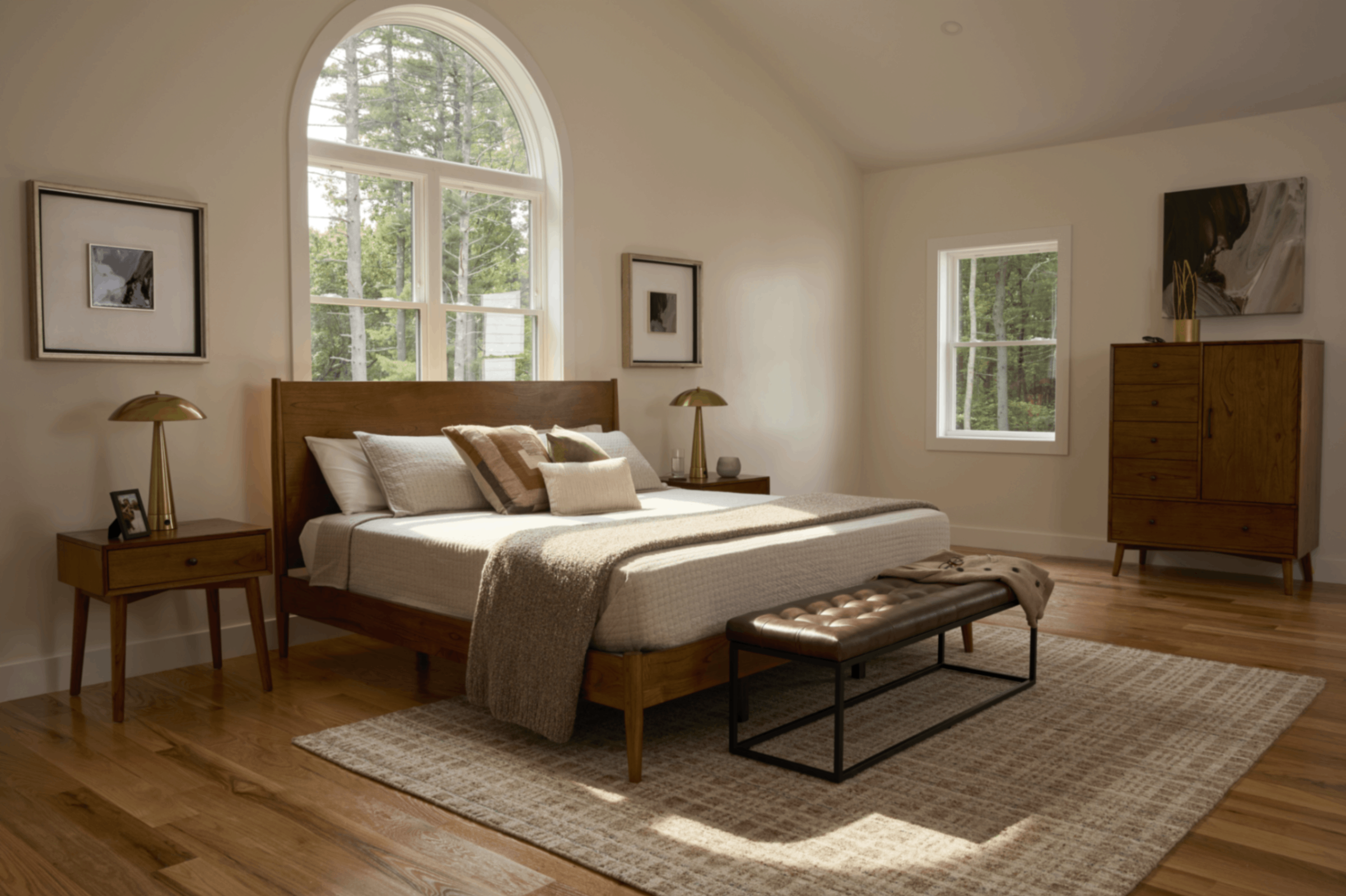 Sunlit elegant bedroom with a wood bed, neutral linens, arched window, woven rug, bench, dresser, and warm minimalist decor.