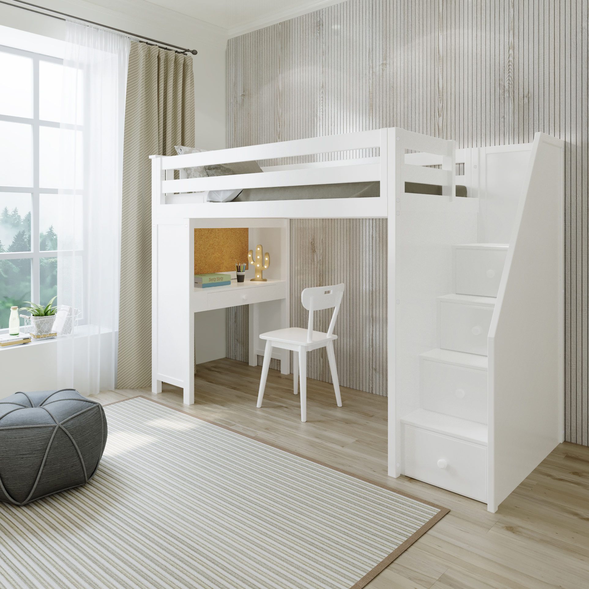 Bright modern bedroom with a white loft bed, built-in desk and chair beneath, and staircase drawers, beside a large window and striped rug; calm, airy feel.