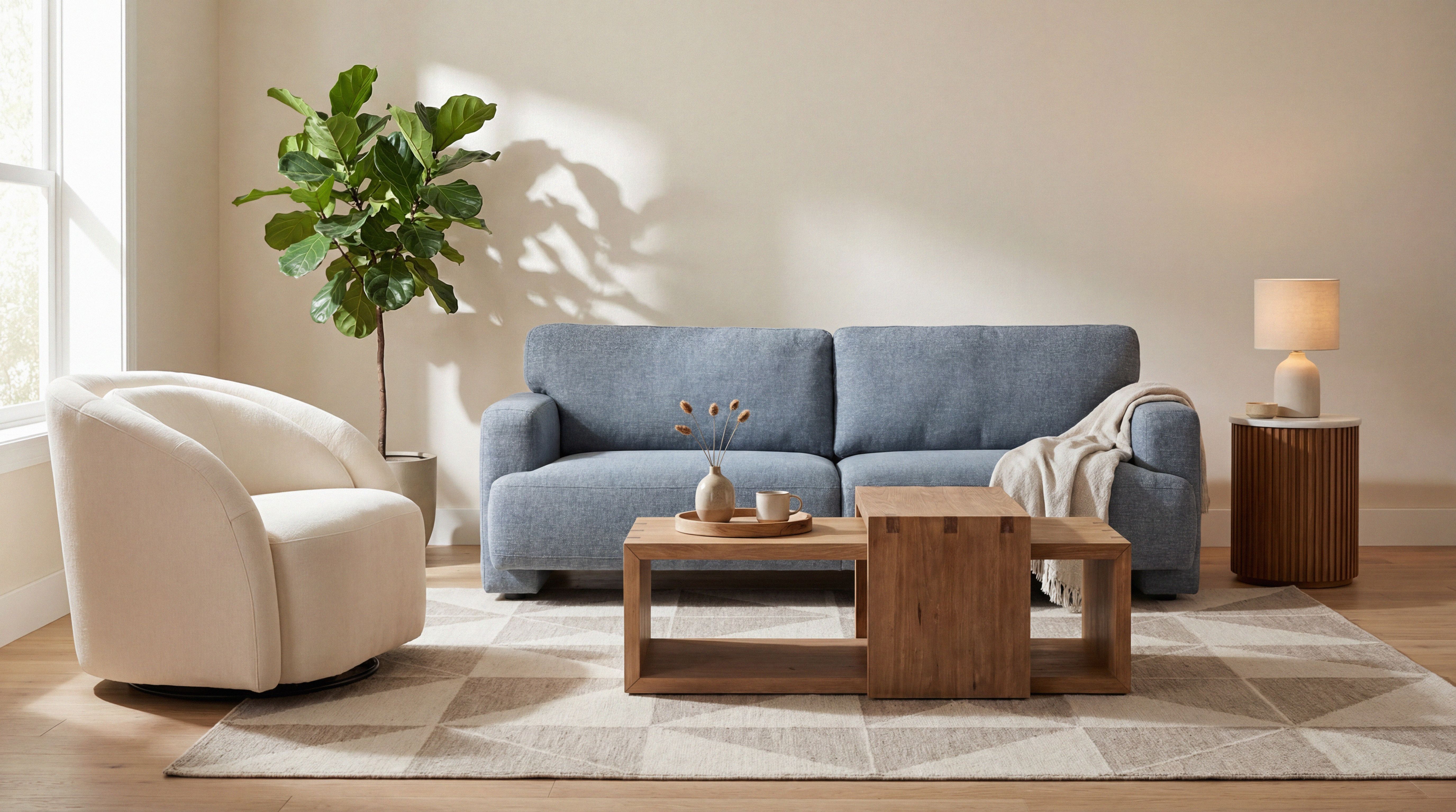Bright, cozy living room with a blue sofa, cream armchair, coffee table, leafy plant, lamp, and sunlight casting shadows on the wall.