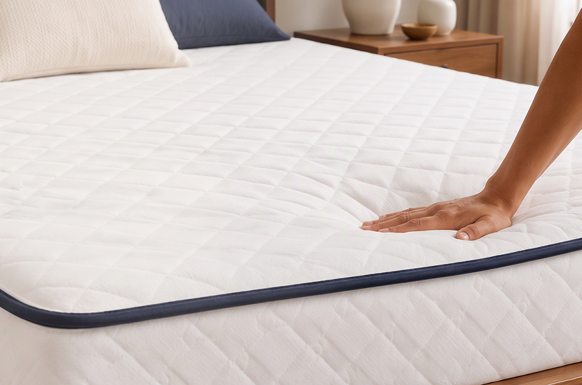 Hand pressed down on Medium Mattress