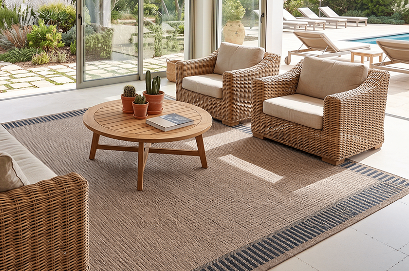 A sunlit patio with wicker chairs around a round wooden coffee table, potted plants, and a swimming pool beyond, creating a calm, inviting retreat.