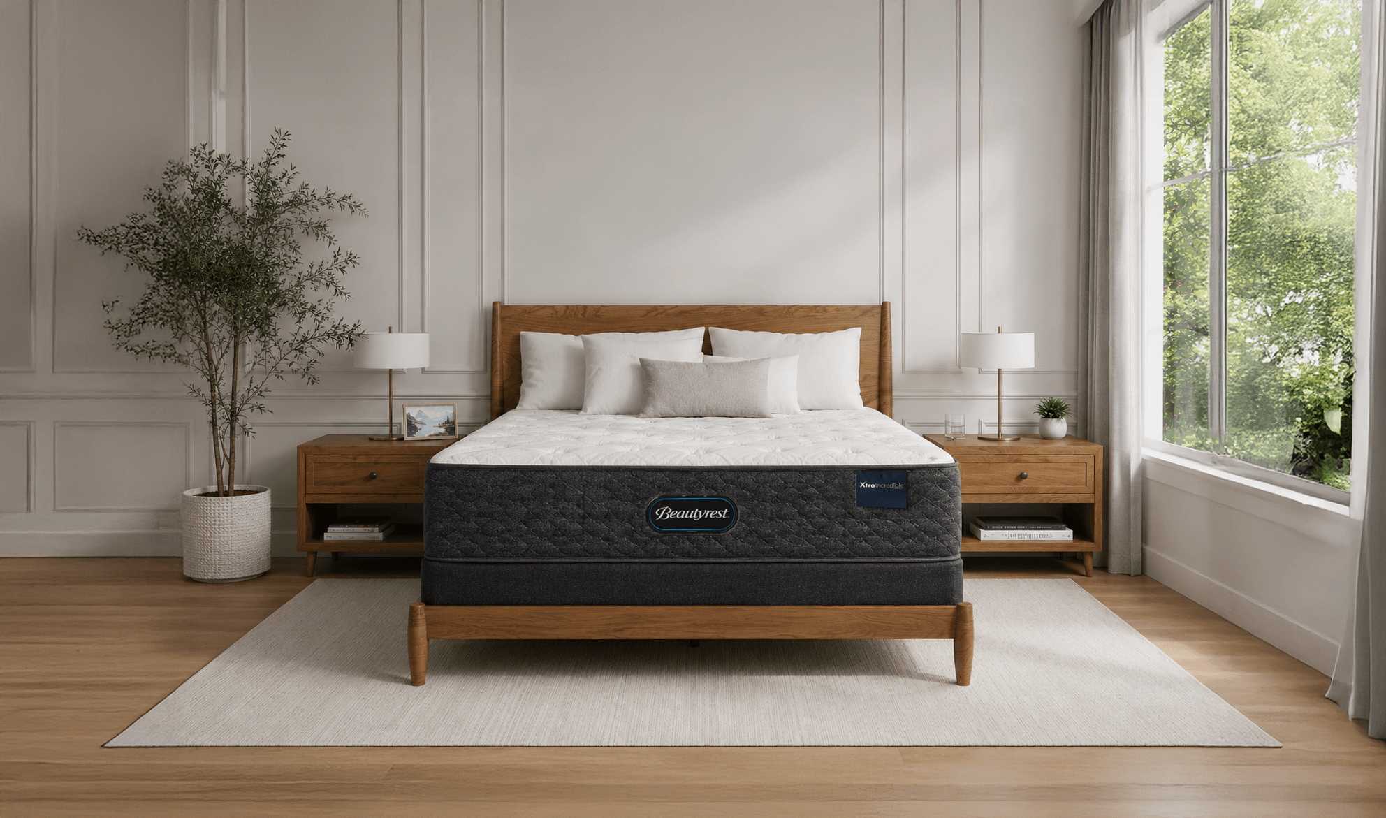 A neatly made bed with an Xtra Incredible mattress is centered between two wooden nightstands in a well-lit bedroom.