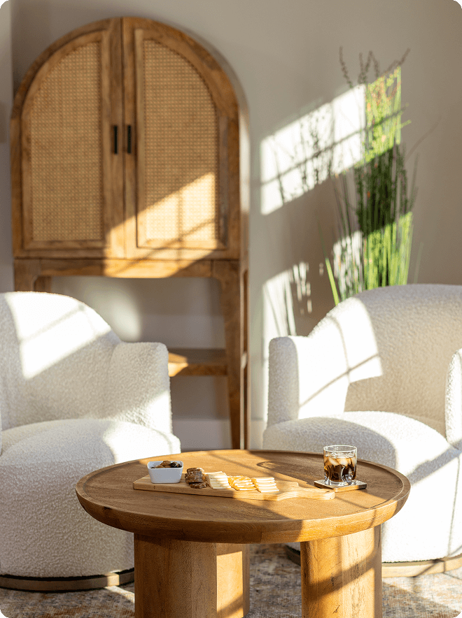 White Upholstered Accent Chairs with wooden accent table